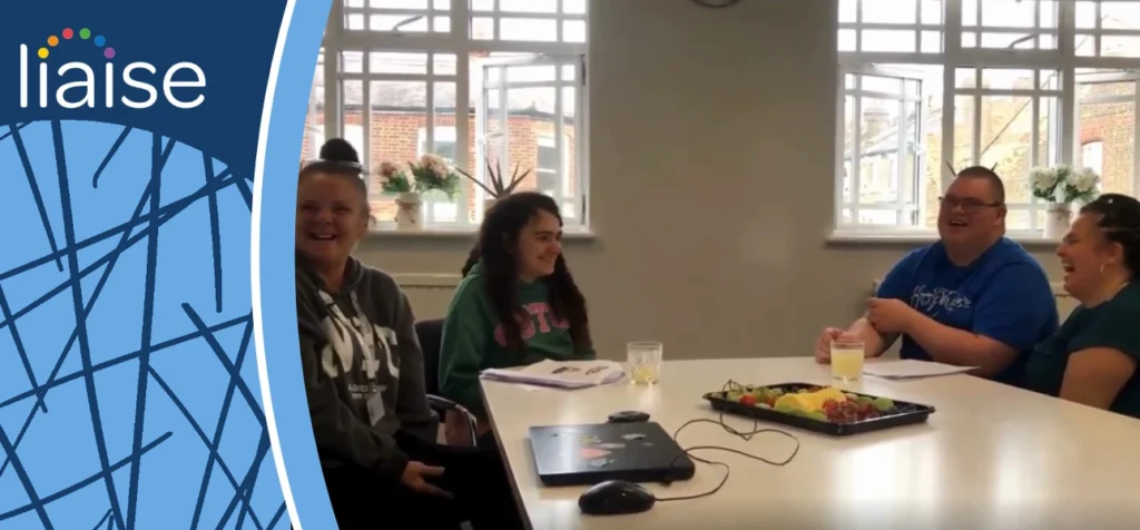 Thomas and Rachel speaking with their keyworkers at Liaise Head Office about support, goals and meaningful relationships.